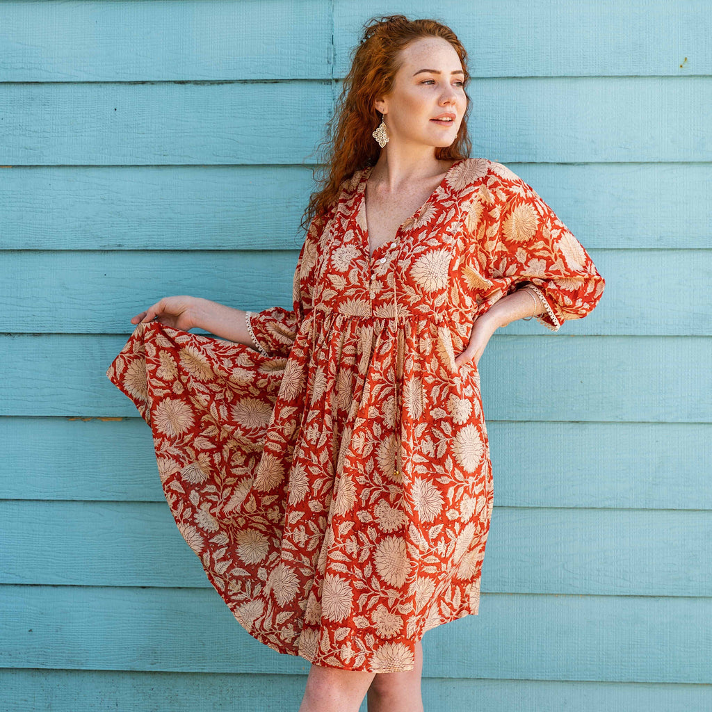 Hawa Short Dress- Rust Sunflower